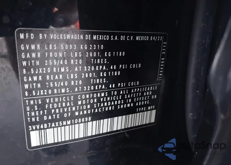 2022 Volkswagen Tiguan 2.0T Sel R-Line from USA, damaged, VIN 3VV4B7AX5NM108698